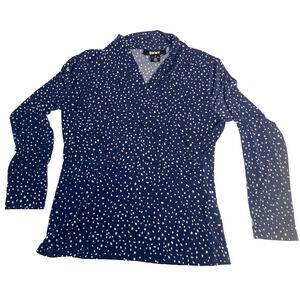 DKNY long-sleeve V-neck blouse blue white abstract polka-dot pattern L